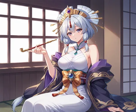 anime girl in a white dress sitting on a chair with a pipe