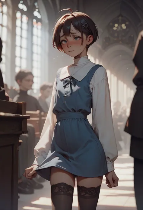 a woman in a blue dress and stockings standing in a church