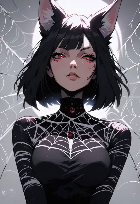 score_9, score_8_up, score_7_up, source_cartoon, looking at viewer, hourglass figure, face focus,
1 girl, solo girl, fox girl, fox ears , pretty face, cute girl, large breasts, black hair, short hair, red eyes, arachne, long black nails
spider webs,
black liquid dress, cowboy shot,