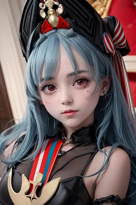 a close up of a person with blue hair wearing a costume