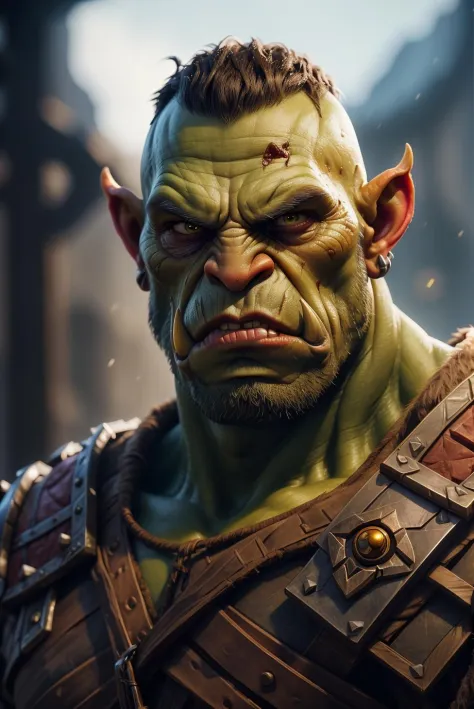 portrait of orc warrior,blizzard entertainment,detailed skin,skin imperfections,warcraft,The lighting should be warm and invitin...
