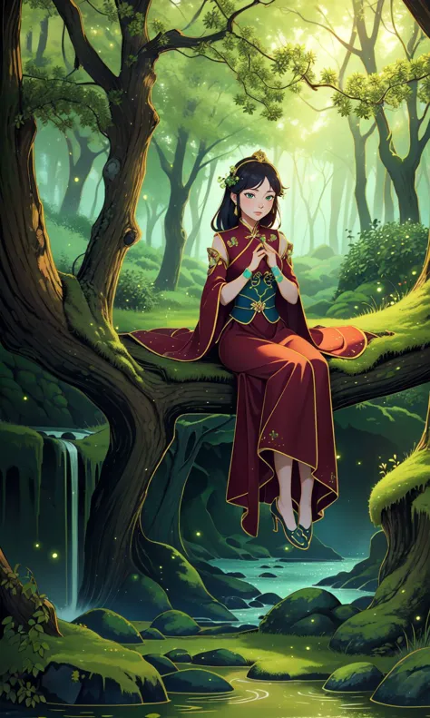 (Masterpiece:1.2), (best quality:1.2), (super high resolution:1.2), guochao, A fairytale princess in a flowing gown, sitting on a moss-covered stone in an enchanted forest, with fairies flitting around he, <lora:meticulous_painting:0.6>