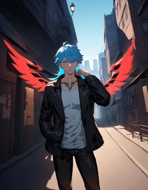 anime - style image of a man with blue hair and wings on his head