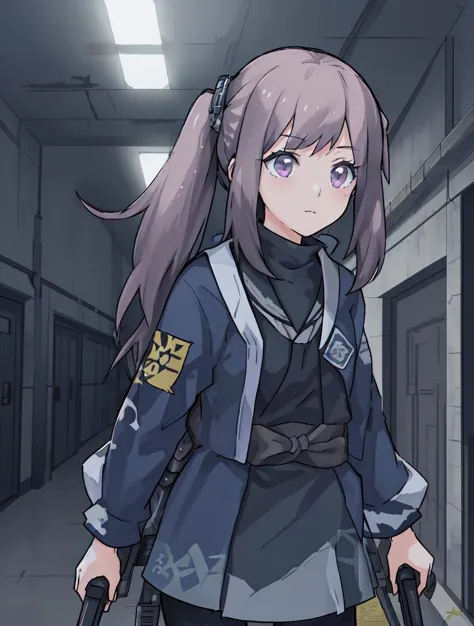 a woman in a uniform holding a gun in a hallway