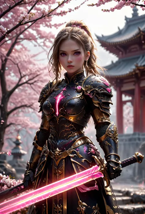 a woman in armor holding a sword in front of a pagoda