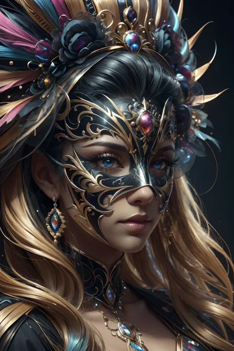 a close up of a colorful ral-elctryzt mask on a black background,digital art,by Marie Bashkirtseff,extremely detailed goddess sh...