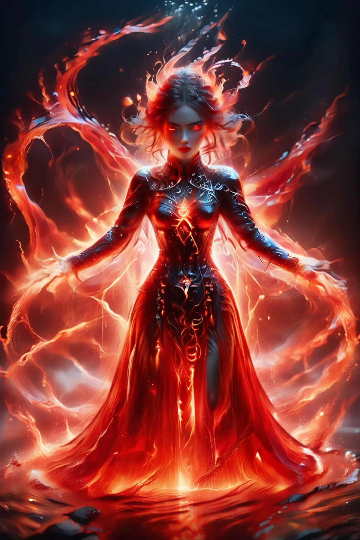 1girl, woman, dynamic pose, fighting stance, spell cast pose, SERANA, VOUTFIT, RED EYES,SLIT PUPILS, ORANGE EYES, YELLOW EYES, GLOWING PUPILS, GLOWING EYES, CROWN BRAID,CLEAVAGE,SHARP FINGERNAILS,BLACK LIPS,CAPE, WATER ELEMENT, WATER, casting raging torrent of red water in to the skies, blocking out the sunSuper perspective wideshot from afar, 