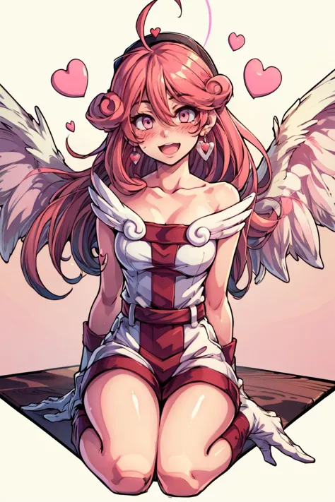 a cartoon picture of a woman with angel wings sitting on a table