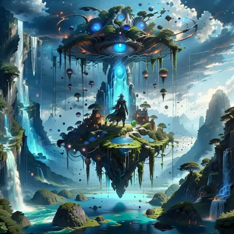 (masterpiece, best_quality, ultra-detailed, immaculate:1.3), epic, illustration, Magical floating islands with giant goddess watching over earth,1girl, solo, blue eyes, outdoors, sky, cloud, water, armor, glowing, colored skin, cloudy sky, staff, glowing eyes, rock, mountain, blue skin <lora:ral-mytfrst-sdxl:0.8> ral-mytfrst , fantasy, glowing, glowing eyes, fantasy landscape, floating islands, falling waterfalls, <lora:Particles_Style_SDXL:0.8> ais-particlez <lora:LORA-XenoDetailer-v3:.4> <lora:guardian:0.9> guardian