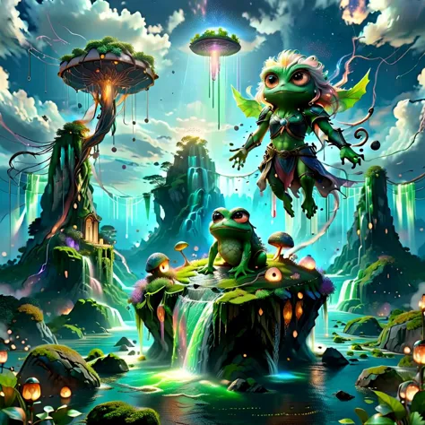 (obra de arte, melhor_qualidade, Ultra-detalhado, imaculado:1.3), épico, ilustração, Magical ilhas flutuantes with giant Guardian Pepe frog watching over earth,1 mulher duende, Sozinho, ao ar livre, céu, Nuvem, água, armaduras, brilhante, pele colorida, Nuvemy céu, cajado de poder, brilhante eyes, pedra, Montanha, cor da pele ral-mytfrst , fantasia, brilhante, brilhante eyes, fantasia landscape, ilhas flutuantes, falling águafalls,partículas mágicas fluindo riosais-partículas guardião rpgpixie 