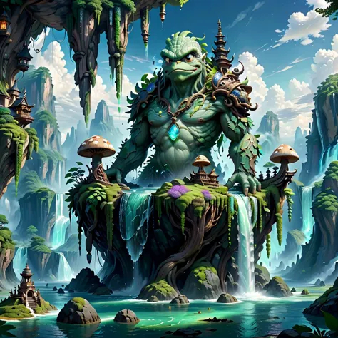 (masterpiece, best_quality, ultra-detailed, immaculate:1.3), epic, illustration, Magical floating islands with translucent giant PEPE mega-physique guardian  watching over earth, solo, outdoors, sky, cloud, water, armor, glowing, , cloudy sky, staff, glowing eyes, rock, mountain,  <lora:ral-mytfrst-sdxl:0.8> ral-mytfrst , fantasy, glowing, glowing eyes, fantasy landscape, floating islands, falling waterfalls,   <lora:guardian:0.9> enormous guardian spirit   <lora:ponydiffusionv6_pepethefrog:1>