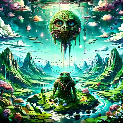 (masterpiece, best_quality, ultra-detailed, immaculate:1.3), epic, illustration, Magical floating islands with giant Guardian mega-physique Pepe frog watching over earth,1girl, solo, outdoors, sky, cloud, water, armor, glowing, colored skin, cloudy sky, staff, glowing eyes, rock, mountain, blue skin <lora:ral-mytfrst-sdxl:0.8> ral-mytfrst , fantasy, glowing, glowing eyes, fantasy landscape, floating islands, falling waterfalls, <lora:Particles_Style_SDXL:0.8> ais-particlez <lora:LORA_XenoDetailer_v3:.4> <lora:guardian:0.9> guardian <lora:wizards_vintage_comics-Undergroundf16:0.8> Vintage comic book with title text: "gods", vintage comic book <lora:ponydiffusionv6_pepethefrog:1>