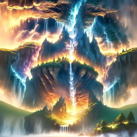 a painting of a waterfall in the middle of a mountain