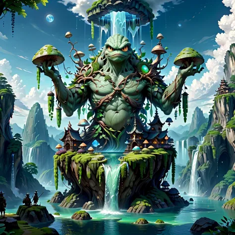 (masterpiece, best_quality, ultra-detailed, immaculate:1.3), epic, illustration, Magical floating islands with translucent giant PEPE mega-physique guardian  watching over earth, solo, outdoors, sky, cloud, water, armor, glowing, , cloudy sky, staff, glowing eyes, rock, mountain,  <lora:ral-mytfrst-sdxl:0.8> ral-mytfrst , fantasy, glowing, glowing eyes, fantasy landscape, floating islands, falling waterfalls,   <lora:guardian:0.9> enormous guardian spirit   <lora:ponydiffusionv6_pepethefrog:1>