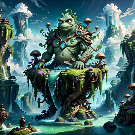 (obra de arte, melhor_qualidade, Ultra-detalhado, imaculado:1.3), épico, ilustração, Magical ilhas flutuantes with translucent giant PEPE mega-physique guardian  watching over earth, Sozinho, ao ar livre, céu, Nuvem, água, armaduras, brilhante, , Nuvemy céu, funcionários, brilhante eyes, pedra, Montanha,  ral-mytfrst , fantasia, brilhante, brilhante eyes, fantasia landscape, ilhas flutuantes, falling águafalls,   enorme espírito guardião   