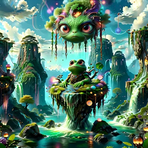 (chef-d&#39;œuvre, meilleur_qualité, ultra-détaillé, immaculé:1.3), épique, illustration, Magical îles flottantes with giant Guardian Pepe frog watching over earth,1 femme lutin, seulement, En plein air, Ciel, nuage, eau, armure, embrasé, peau colorée, nuagey Ciel, bâton de puissance, embrasé eyes, rocher, montagne, couleur peau ral-mytfrst , fantaisie, embrasé, embrasé eyes, fantaisie landscape, îles flottantes, falling eaufalls,particules magiques coulant rivièresais-particlez gardien rpgpixie 