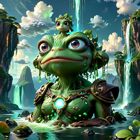 (masterpiece, best_quality, ultra-detailed, immaculate:1.3), epic, illustration, Magical floating islands with giant Guardian Pepe frog watching over earth,1 pixie woman, solo, outdoors, sky, cloud, water, armor, glowing, colored skin, cloudy sky, powerstaff, glowing eyes, rock, mountain, color skin <lora:ral-mytfrst:0.8> ral-mytfrst , fantasy, glowing, glowing eyes, fantasy landscape, floating islands, falling waterfalls, flowing rivers of magic particles ais-particlez  <lora:guardian:0.9> guardian <lora:ponydiffusionv6_pepethefrog:1> <lora:RPGPixie:0.8> rpgpixie