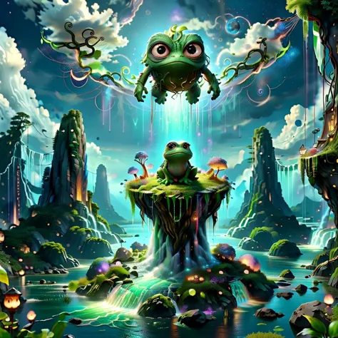 (masterpiece, best_quality, ultra-detailed, immaculate:1.3), epic, illustration, Magical floating islands with giant Guardian Pe...