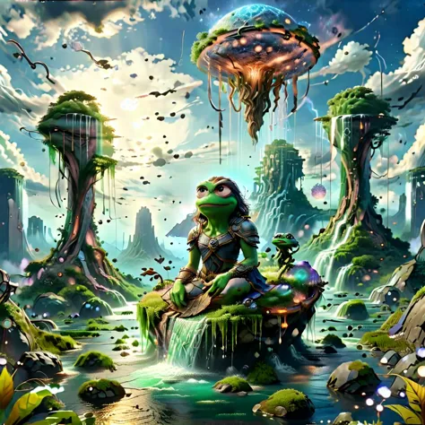 (masterpiece, best_quality, ultra-detailed, immaculate:1.3), epic, illustration, Magical floating islands with giant Guardian Pepe frog watching over earth,1woman, solo, outdoors, sky, cloud, water, armor, glowing, colored skin, cloudy sky, staff, glowing eyes, rock, mountain, blue skin ral-mytfrst , fantasy, glowing, glowing eyes, fantasy landscape, floating islands, falling waterfalls, ais-particlez guardian Vintage comic book with title text: "gods", vintage comic book rpgpixie 