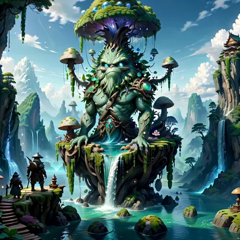 (masterpiece, best_quality, ultra-detailed, immaculate:1.3), epic, illustration, Magical floating islands with translucent giant...