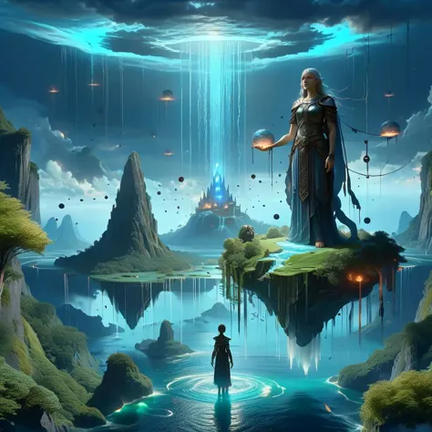 (masterpiece, best_quality, ultra-detailed, immaculate:1.3), epic, illustration, Magical floating islands with giant goddess wat...