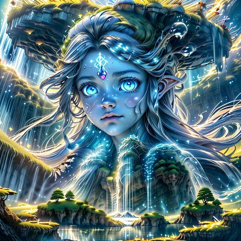 (masterpiece, best_quality, ultra-detailed, immaculate:1.3), epic, illustration, Magical floating islands with giant goddess watching over earth,1girl, solo, blue eyes, outdoors, sky, cloud, water, armor, glowing, colored skin, cloudy sky, staff, glowing eyes, rock, mountain, blue skin <lora:ral-mytfrst-sdxl:0.8> ral-mytfrst , fantasy, glowing, glowing eyes, fantasy landscape, floating islands, falling waterfalls, <lora:Particles_Style_SDXL:0.8> ais-particlez <lora:LORA-XenoDetailer-v3:.4> <lora:guardian:0.9> guardian