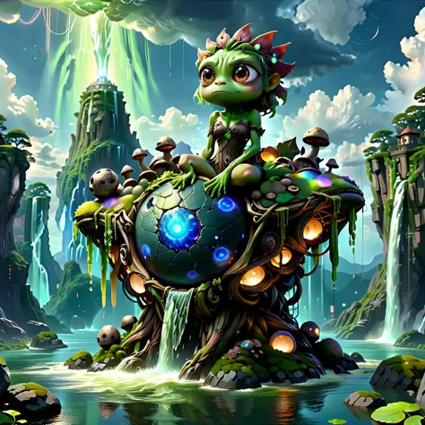 (obra de arte, melhor_qualidade, ultra-detalhado, imaculado:1.3), épico, ilustração, Magical ilhas flutuantes with giant Guardian Pepe frog watching over earth,1 mulher duende, Sozinho, ao ar livre, céu, Nuvem, água, armaduras, brilhando, pele colorida, Nuvemy céu, cajado de poder, brilhando eyes, pedra, Montanha, cor da pele ral-mytfrst , fantasia, brilhando, brilhando eyes, fantasia landscape, ilhas flutuantes, falling águafalls, rios fluindo de partículas mágicas ais-particlez guardian rpgpixie