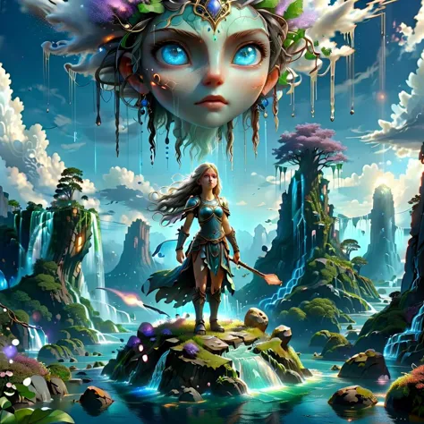 (masterpiece, best_quality, ultra-detailed, immaculate:1.3), epic, illustration, Magical floating islands with giant goddess wat...