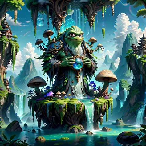 (masterpiece, best_quality, ultra-detailed, immaculate:1.3), epic, illustration, Magical floating islands with translucent giant...