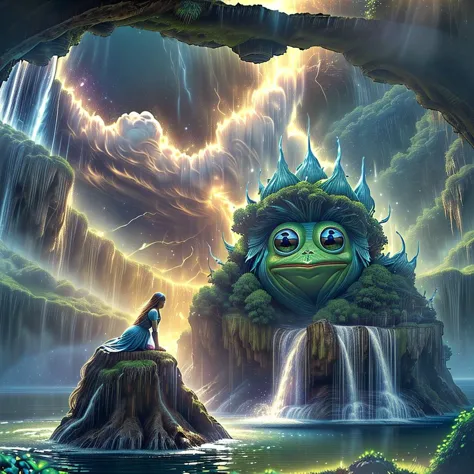 (masterpiece, best_quality, ultra-detailed, immaculate:1.3), epic, illustration, Magical floating islands with giant Guardian Pepe frog watching over earth,1girl, solo, outdoors, sky, cloud, water, armor, glowing, colored skin, cloudy sky, staff, glowing eyes, rock, mountain, blue skin <lora:ral-mytfrst:0.8> ral-mytfrst , fantasy, glowing, glowing eyes, fantasy landscape, floating islands, falling waterfalls, <lora:Particles_Style_SDXL:0.8> ais-particlez <lora:LORA_XenoDetailer_v3:.4> <lora:guardian:0.9> guardian <lora:wizards_vintage_comics-Undergroundf16:0.8> Vintage comic book with title text: "gods", vintage comic book <lora:ponydiffusionv6_pepethefrog:1>