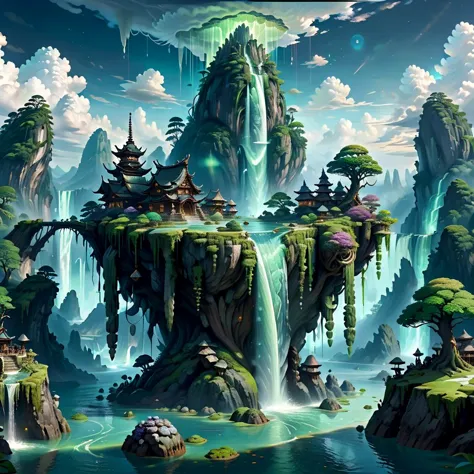 (masterpiece, best_quality, ultra-detailed, immaculate:1.3), epic, illustration, Magical floating islands with translucent giant...