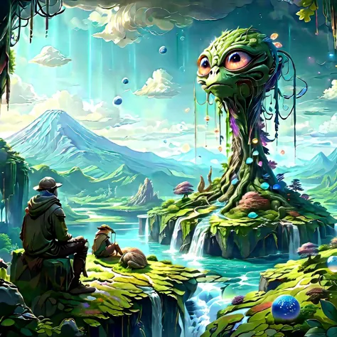 (masterpiece, best_quality, ultra-detailed, immaculate:1.3), epic, illustration, Magical floating islands with giant Guardian mega-physique Pepe frog watching over earth,1girl, solo, outdoors, sky, cloud, water, armor, glowing, colored skin, cloudy sky, staff, glowing eyes, rock, mountain, blue skin <lora:ral-mytfrst-sdxl:0.8> ral-mytfrst , fantasy, glowing, glowing eyes, fantasy landscape, floating islands, falling waterfalls,   <lora:guardian:0.9> guardian spirit  <lora:ponydiffusionv6_pepethefrog:1>