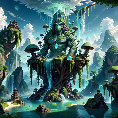 (masterpiece, best_quality, ultra-detailed, immaculate:1.3), epic, illustration, Magical floating islands with translucent giant PEPE mega-physique guardian  watching over earth, solo, outdoors, sky, cloud, water, armor, glowing, , cloudy sky, staff, glowing eyes, rock, mountain,  <lora:ral-mytfrst-sdxl:0.8> ral-mytfrst , fantasy, glowing, glowing eyes, fantasy landscape, floating islands, falling waterfalls,   <lora:guardian:0.9> enormous guardian spirit   <lora:ponydiffusionv6_pepethefrog:1>