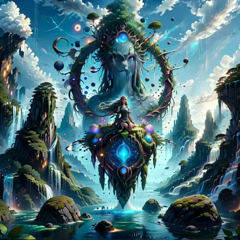 (masterpiece, best_quality, ultra-detailed, immaculate:1.3), epic, illustration, Magical floating islands with giant goddess wat...