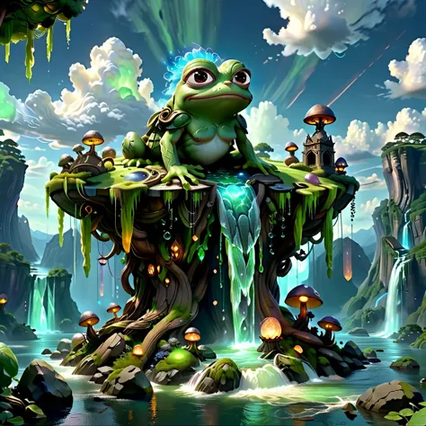 (masterpiece, best_quality, ultra-detailed, immaculate:1.3), epic, illustration, Magical floating islands with giant Guardian Pepe frog watching over earth,1 pixie woman, solo, outdoors, sky, cloud, water, armor, glowing, colored skin, cloudy sky, powerstaff, glowing eyes, rock, mountain, color skin <lora:ral-mytfrst:0.8> ral-mytfrst , fantasy, glowing, glowing eyes, fantasy landscape, floating islands, falling waterfalls, flowing rivers of magic particles ais-particlez  <lora:guardian:0.9> guardian <lora:ponydiffusionv6_pepethefrog:1> <lora:RPGPixie:0.8> rpgpixie