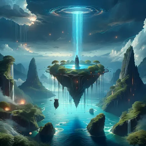 (masterpiece, best_quality, ultra-detailed, immaculate:1.3), epic, illustration, Magical floating islands with giant goddess wat...