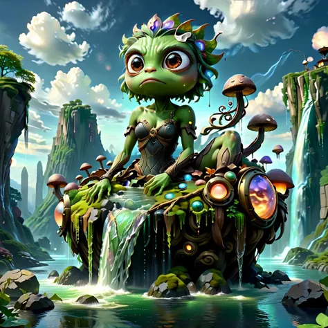 (masterpiece, best_quality, ultra-detailed, immaculate:1.3), epic, illustration, Magical floating islands with giant Guardian Pepe frog watching over earth,1 pixie woman, solo, outdoors, sky, cloud, water, armor, glowing, colored skin, cloudy sky, powerstaff, glowing eyes, rock, mountain, color skin <lora:ral-mytfrst:0.8> ral-mytfrst , fantasy, glowing, glowing eyes, fantasy landscape, floating islands, falling waterfalls, flowing rivers of magic particles ais-particlez  <lora:guardian:0.9> guardian <lora:ponydiffusionv6_pepethefrog:1> <lora:RPGPixie:0.8> rpgpixie