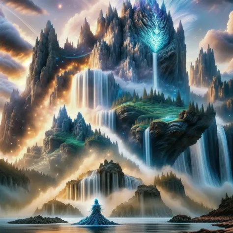 Magical floating islands ,giant goddess of earth,1girl, solo, blue eyes, outdoors, sky, cloud, water, armor, glowing, colored skin, cloudy sky, staff, glowing eyes, rock, mountain, blue skin <lora:3D_Inspired:0.8> <lora:add_detail_xl:0.8> <lora:more_details:0.8> <lora:ral-mytfrst-sdxl:0.8> ral-mytfrst,<lora:wrenchsfantasy:0.8> wrenchsfantasy, fantasy, glowing, glowing eyes, fantasy landscape, floating islands, falling waterfalls, <lora:Particles_Style_SDXL:0.8> ais-particlez <lora:LORA-XenoDetailer-v3:1> <lora:guardian:0.8> guardian