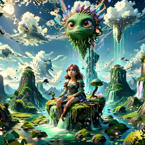 (masterpiece, best_quality, ultra-detailed, immaculate:1.3), epic, illustration, Magical floating islands with giant Guardian Pepe frog watching over earth,1girl, solo, outdoors, sky, cloud, water, armor, glowing, colored skin, cloudy sky, staff, glowing eyes, rock, mountain, blue skin <lora:ral-mytfrst:0.8> ral-mytfrst , fantasy, glowing, glowing eyes, fantasy landscape, floating islands, falling waterfalls, <lora:Particles_Style_SDXL:0.8> ais-particlez <lora:LORA_XenoDetailer_v3:.4> <lora:guardian:0.9> guardian <lora:wizards_vintage_comics-Undergroundf16:0.8> Vintage comic book with title text: "gods", vintage comic book <lora:ponydiffusionv6_pepethefrog:1>