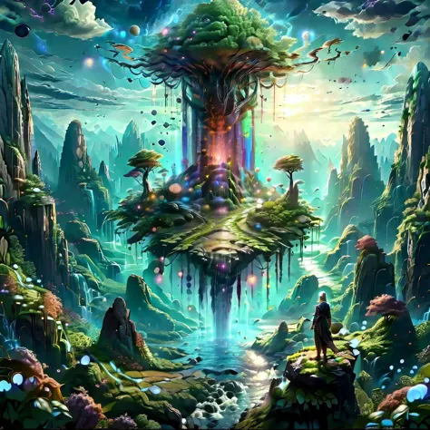 (masterpiece, best_quality, ultra-detailed, immaculate:1.3), epic, illustration, Magical floating islands with giant goddess watching over earth,1girl, solo, blue eyes, outdoors, sky, cloud, water, armor, glowing, colored skin, cloudy sky, staff, glowing eyes, rock, mountain, blue skin <lora:ral-mytfrst-sdxl:0.8> ral-mytfrst , fantasy, glowing, glowing eyes, fantasy landscape, floating islands, falling waterfalls, <lora:Particles_Style_SDXL:0.8> ais-particlez <lora:LORA_XenoDetailer_v3:.4> <lora:guardian:0.9> guardian