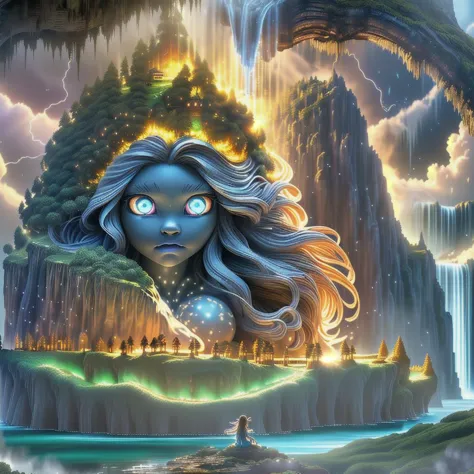 a painting of a woman with long hair and a waterfall in the background