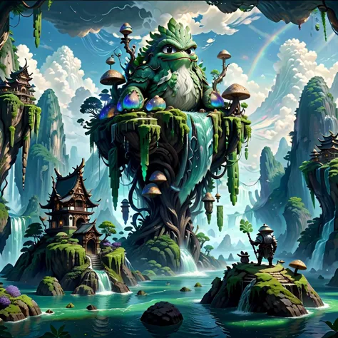 (masterpiece, best_quality, ultra-detailed, immaculate:1.3), epic, illustration, Magical floating islands with translucent giant PEPE mega-physique guardian  watching over earth, solo, outdoors, sky, cloud, water, armor, glowing, , cloudy sky, staff, glowing eyes, rock, mountain,  <lora:ral-mytfrst-sdxl:0.8> ral-mytfrst , fantasy, glowing, glowing eyes, fantasy landscape, floating islands, falling waterfalls,   <lora:guardian:0.9> enormous guardian spirit   <lora:ponydiffusionv6_pepethefrog:1>