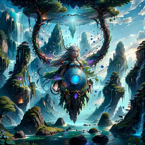 (masterpiece, best_quality, ultra-detailed, immaculate:1.3), epic, illustration, Magical floating islands with giant goddess wat...