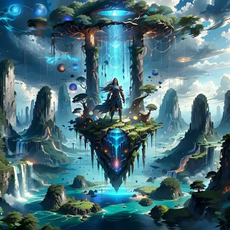 (masterpiece, best_quality, ultra-detailed, immaculate:1.3), epic, illustration, Magical floating islands with giant goddess wat...