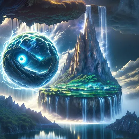 a painting of a mountain with a waterfall and a planet in the sky