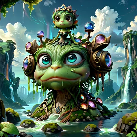 (masterpiece, best_quality, ultra-detailed, immaculate:1.3), epic, illustration, Magical floating islands with giant Guardian Pepe frog watching over earth,1 pixie woman, solo, outdoors, sky, cloud, water, armor, glowing, colored skin, cloudy sky, powerstaff, glowing eyes, rock, mountain, color skin <lora:ral-mytfrst:0.8> ral-mytfrst , fantasy, glowing, glowing eyes, fantasy landscape, floating islands, falling waterfalls, flowing rivers of magic particles ais-particlez  <lora:guardian:0.9> guardian <lora:ponydiffusionv6_pepethefrog:1> <lora:RPGPixie:0.8> rpgpixie