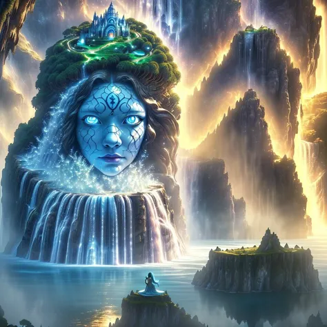 (masterpiece, best_quality, ultra-detailed, immaculate:1.3), epic, illustration, Magical floating islands with giant goddess wat...