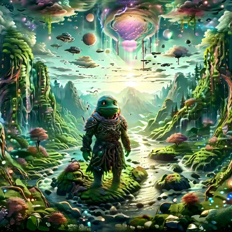 (masterpiece, best_quality, ultra-detailed, immaculate:1.3), epic, illustration, Magical floating islands with giant Guardian mega-physique Pepe frog watching over earth,1girl, solo, outdoors, sky, cloud, water, armor, glowing, colored skin, cloudy sky, staff, glowing eyes, rock, mountain, blue skin <lora:ral-mytfrst-sdxl:0.8> ral-mytfrst , fantasy, glowing, glowing eyes, fantasy landscape, floating islands, falling waterfalls, <lora:Particles_Style_SDXL:0.8> ais-particlez <lora:LORA_XenoDetailer_v3:.4> <lora:guardian:0.9> guardian <lora:wizards_vintage_comics-Undergroundf16:0.8> Vintage comic book with title text: "gods", vintage comic book <lora:ponydiffusionv6_pepethefrog:1>