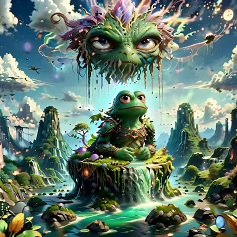 (obra de arte, melhor_qualidade, ultra-detalhado, imaculado:1.3), épico, ilustração, Magical ilhas flutuantes with giant Guardian Pepe frog watching over earth,1 garota, Sozinho, ao ar livre, céu, Nuvem, água, armaduras, brilhando, pele colorida, Nuvemy céu, funcionários, brilhando eyes, pedra, Montanha, pele azul ral-mytfrst , fantasia, brilhando, brilhando eyes, fantasia landscape, ilhas flutuantes, falling águafalls, ais-particlez guardian História em quadrinhos vintage com texto de título: "Deuses", quadrinhos antigos 