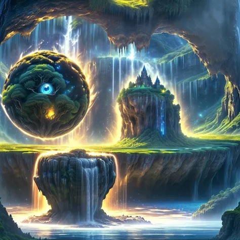 a painting of a waterfall with a giant ball in the middle